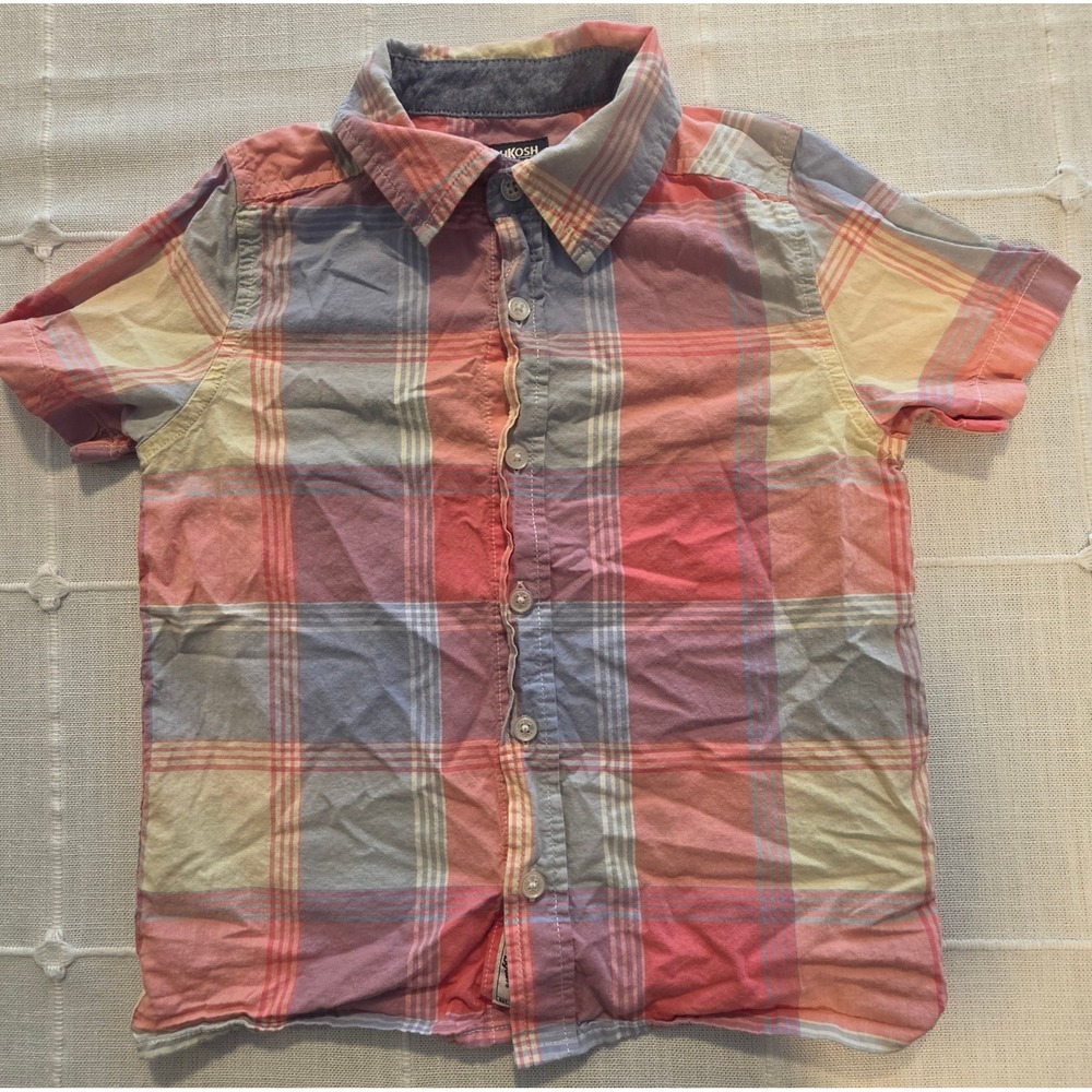 OshKosh Bgosh Boys Plaid Short Sleeve Button Down Shirt Coral Blue Yellow 6/6A